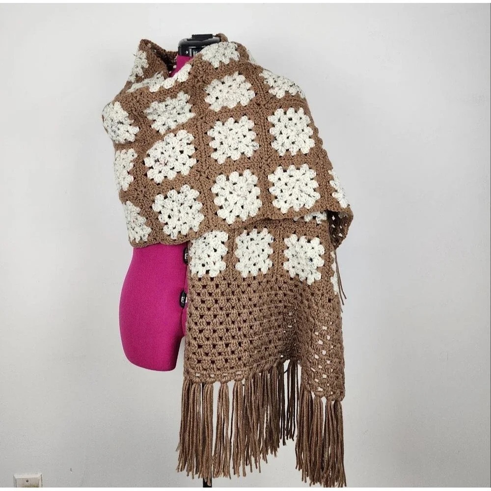New Handmade Crochet Granny Square Shawl Wrap Scarf Brown Cream Boho Fringe